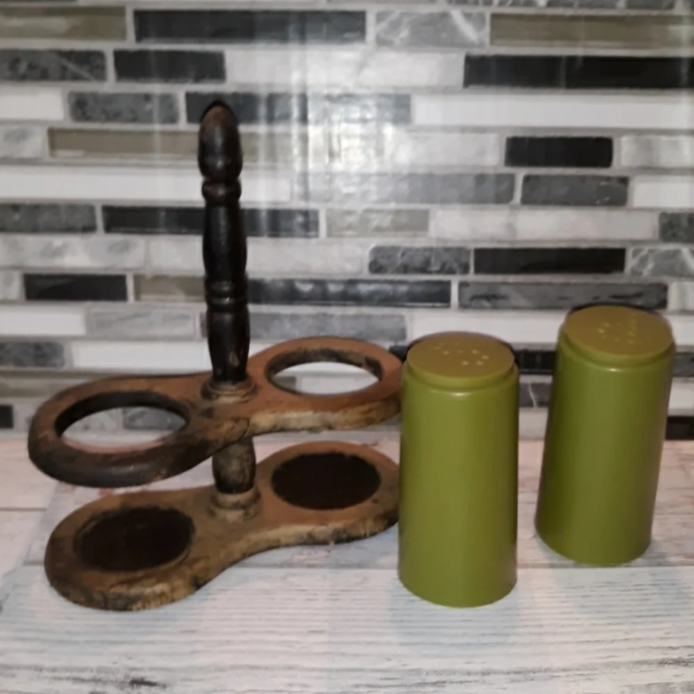 Vintage 1970s wooden frame green salt and pepper